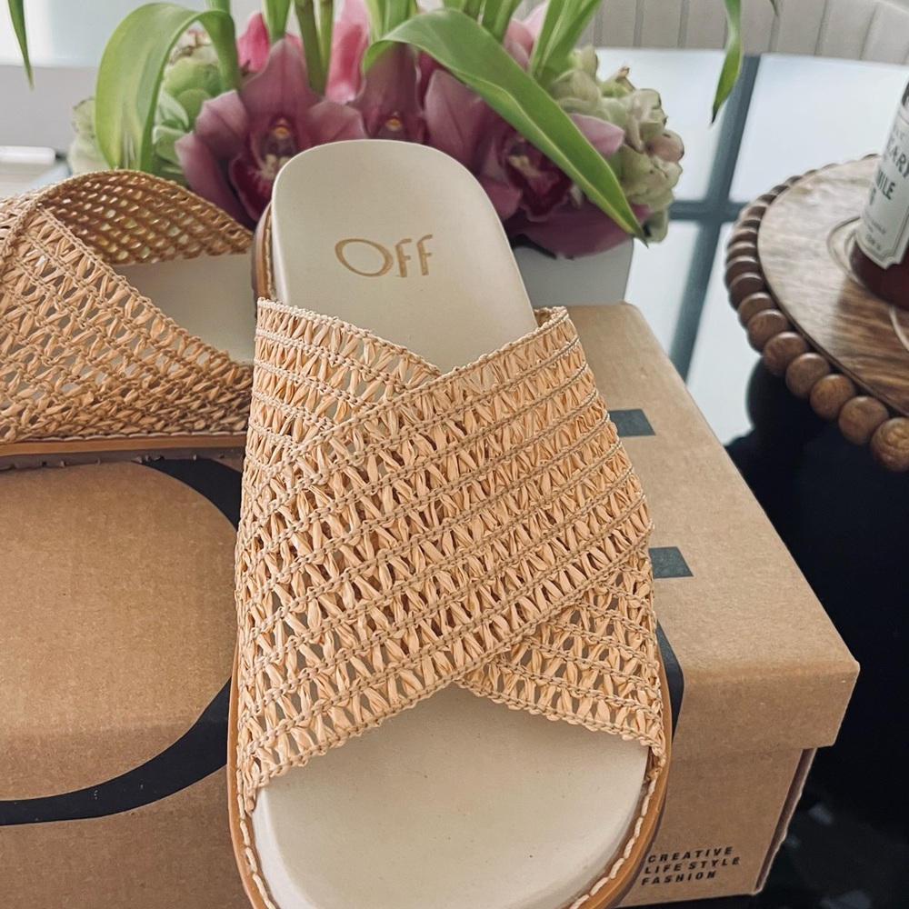 Off Beige Woven Slide Mules — Natural Tan